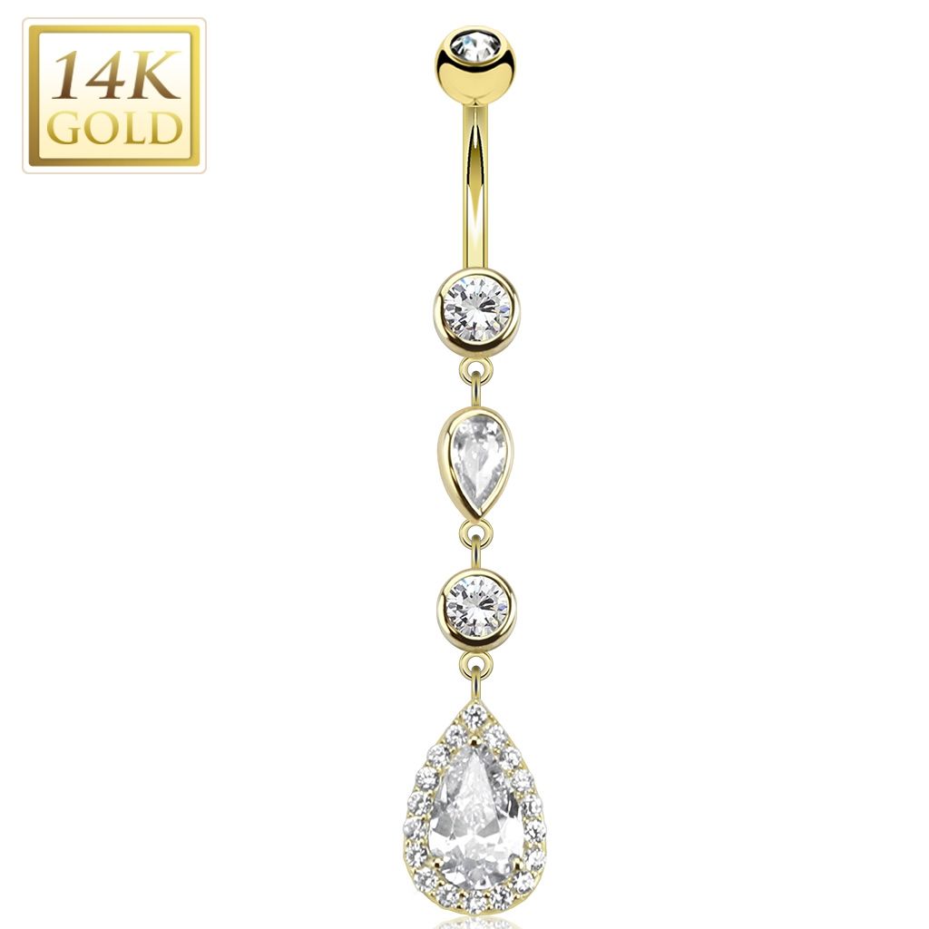 Zlatý piercing do pupíku s kubickými zirkony, Au 585/1000 - ZL01012-YG