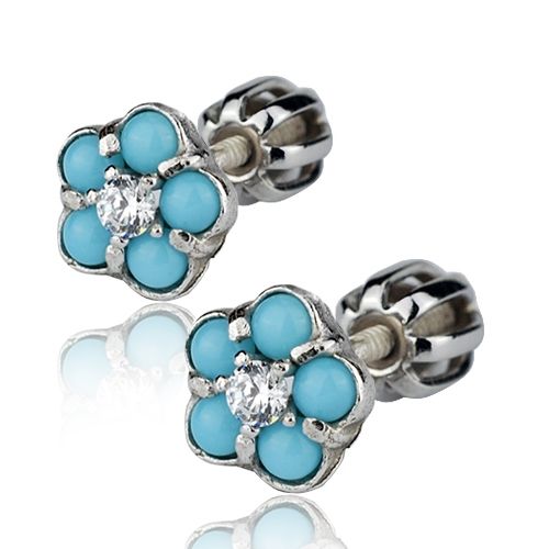 S4U Stříbrné náušnice šroubovací - kytičky tyrkysové - ZB53528-S