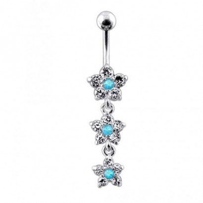 Stříbrný piercing do pupíku - kytičky (čirá/tyrkysová)