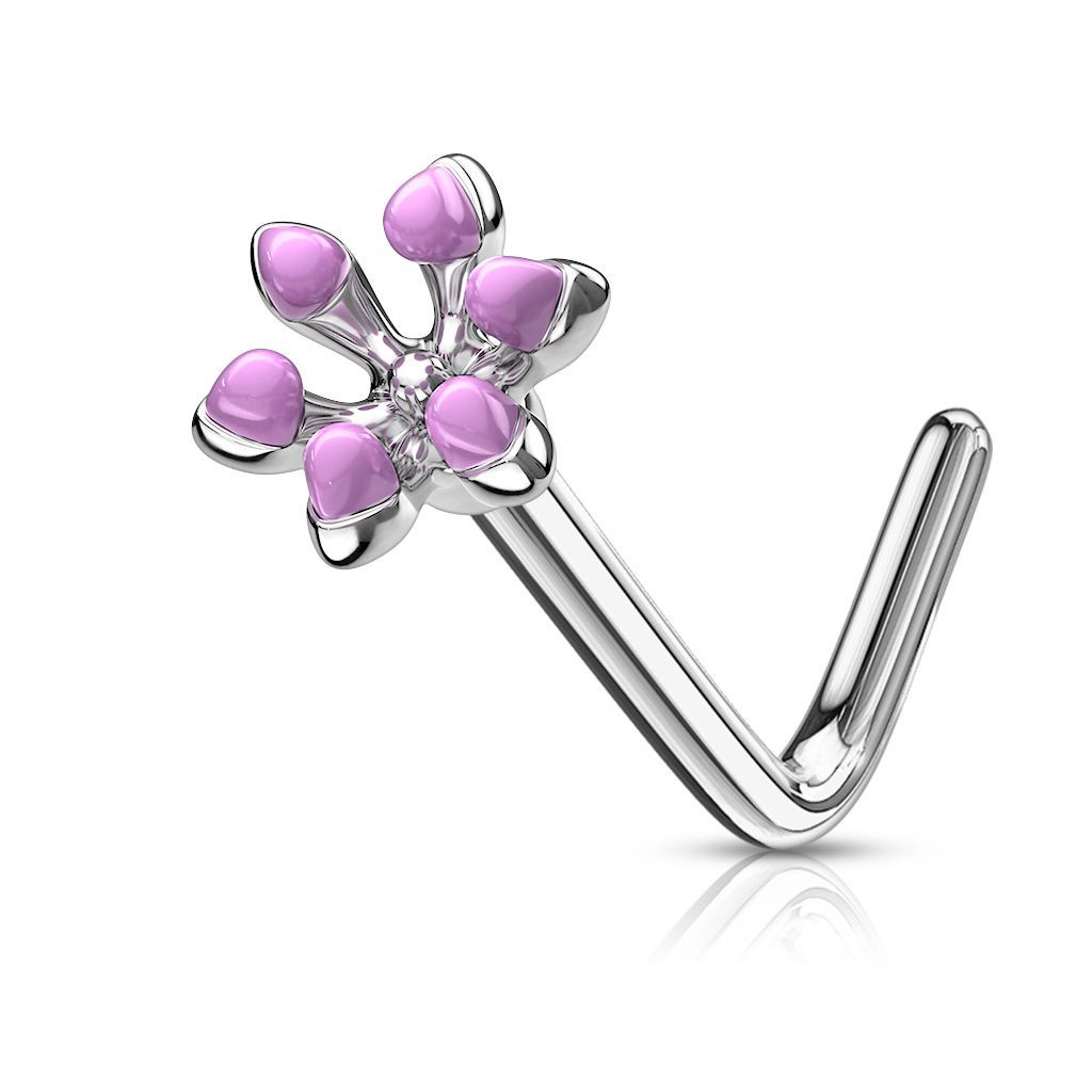Levně Zahnutý piercing do nosu kytička (fialová)