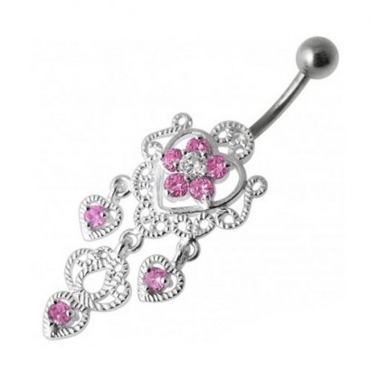 Stříbrný visací piercing do pupíku (růžová)