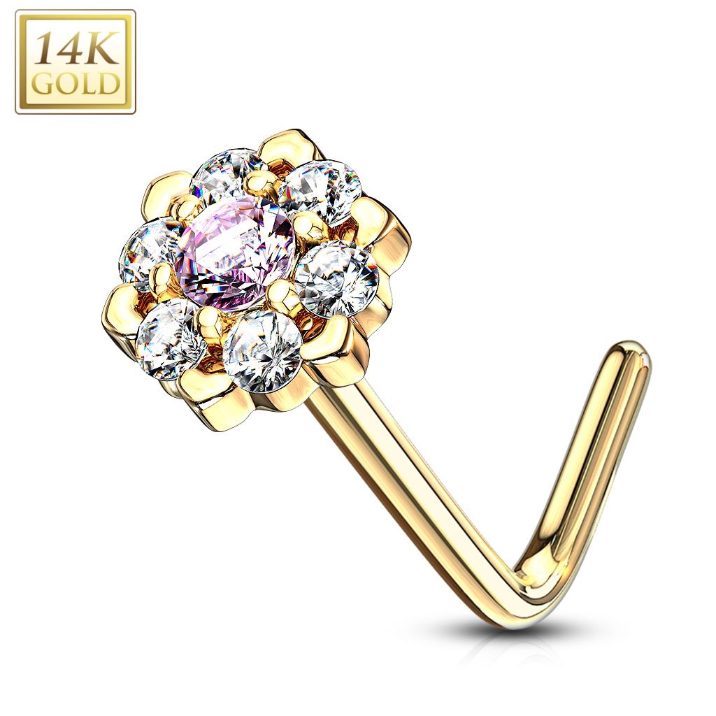 Zlatý piercing do nosu kytička - růžový zirkon, Au 585/1000 - ZL01197P-YG