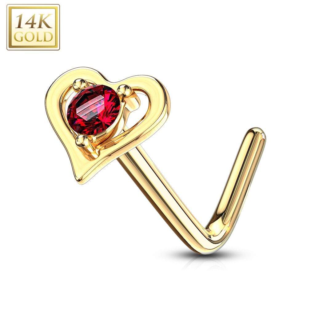 Zlatý piercing do nosu srdíčko - červený zirkon, Au 585/1000 - ZL01193R-YG