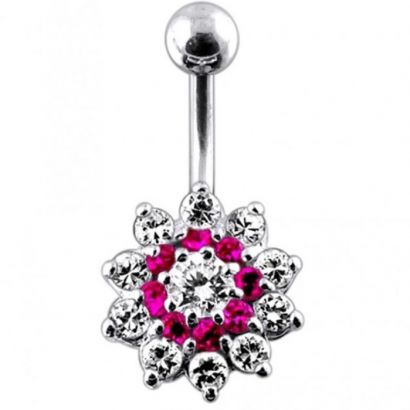Stříbrný piercing do pupíku - kytička (čirá/tmavě růžová)