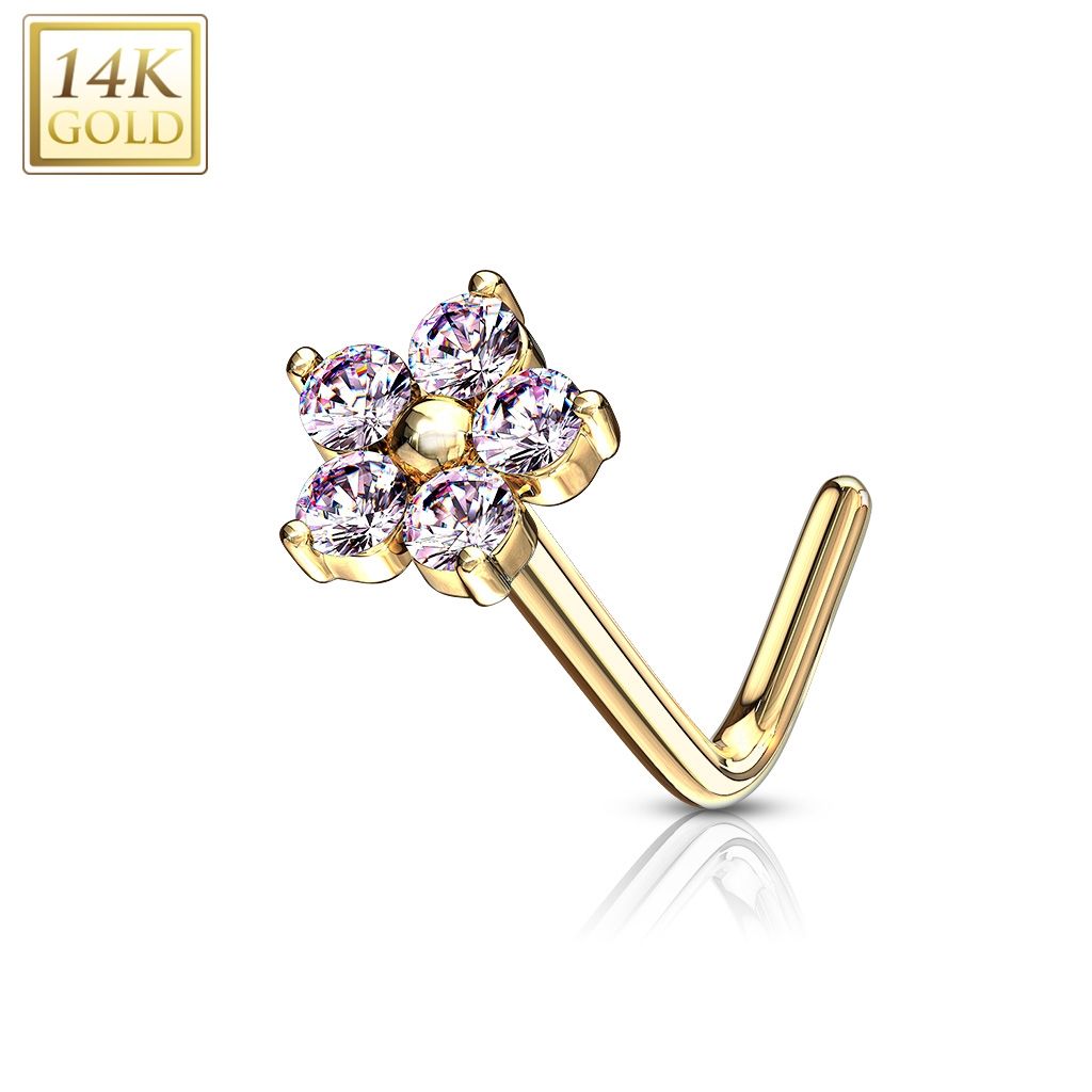 Levně Zlatý piercing do nosu kytička - růžové zirkony, Au 585/1000 - ZL01200P-YG