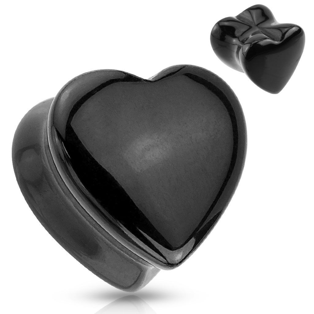 Levně Plug do ucha srdce - černý onyx (16 mm) - PL01151-16