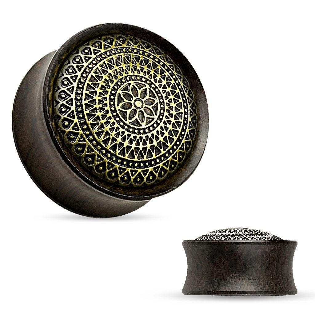 Dřevěný plug do ucha Ebony Wood s ornamenty (22 mm) - PL01176-22