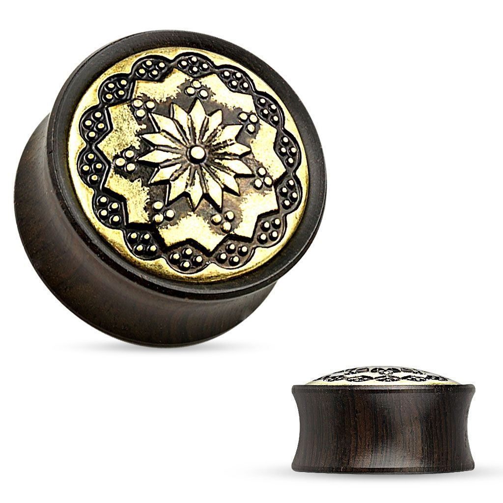 Dřevěný plug do ucha Ebony Wood s ornamenty (25 mm) - PL01174-25
