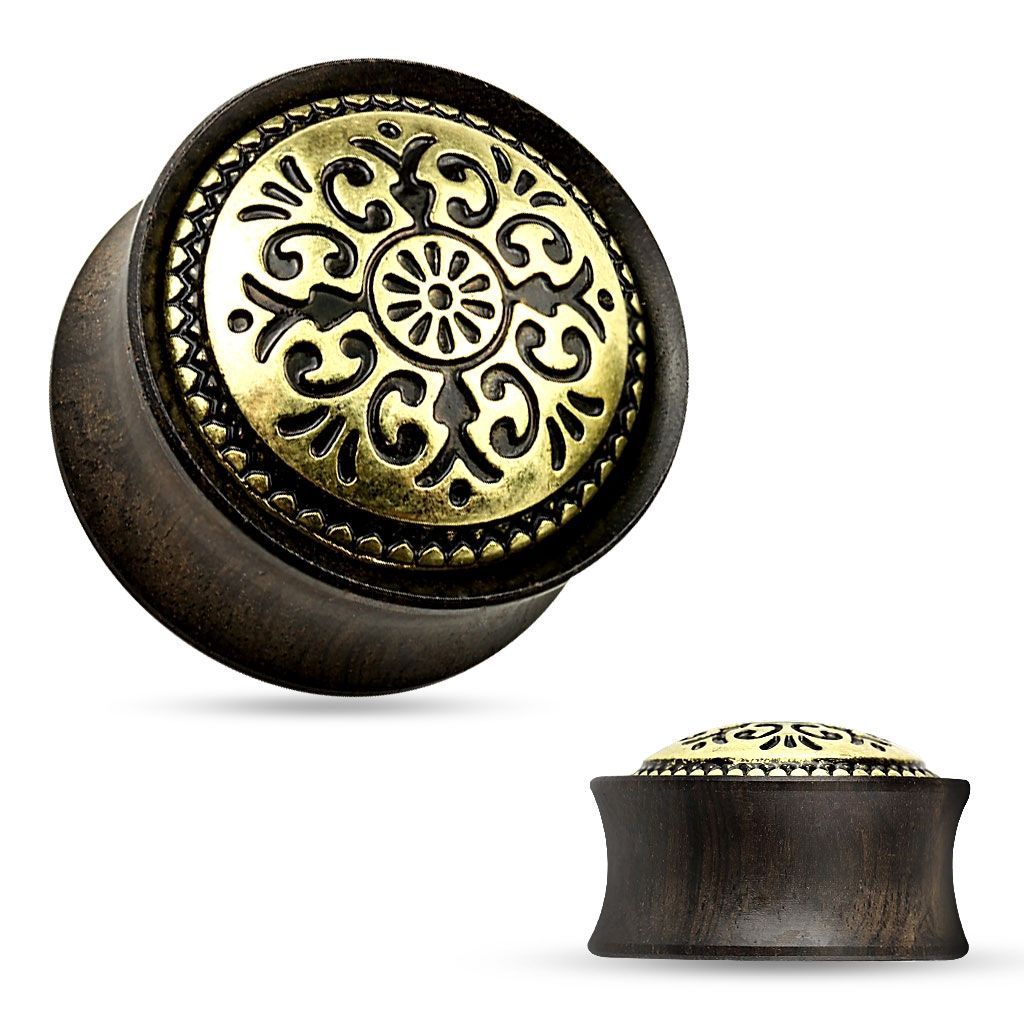 Levně Dřevěný plug do ucha Ebony Wood s ornamenty (14 mm) - PL01170-14