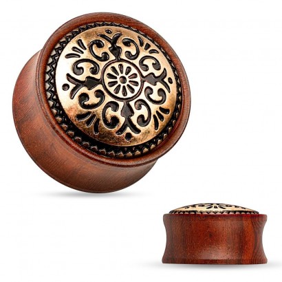 Dřevěný plug do ucha Rose Wood s ornamenty (16 mm)