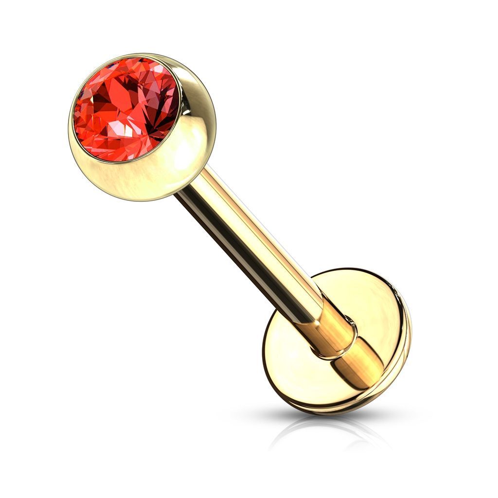 Levně Pozlacený piercing do brady - labreta (červená, 3 mm, 1,2 x 8 mm)