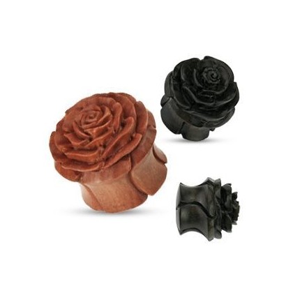 Vyřezávaný plug do ucha růže - přírodní dřevo (černé dřevo, 8 mm)