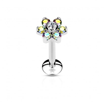 Piercing do brady - labreta kytička, čirý/duhové kamínky (1,2 x 8 mm)