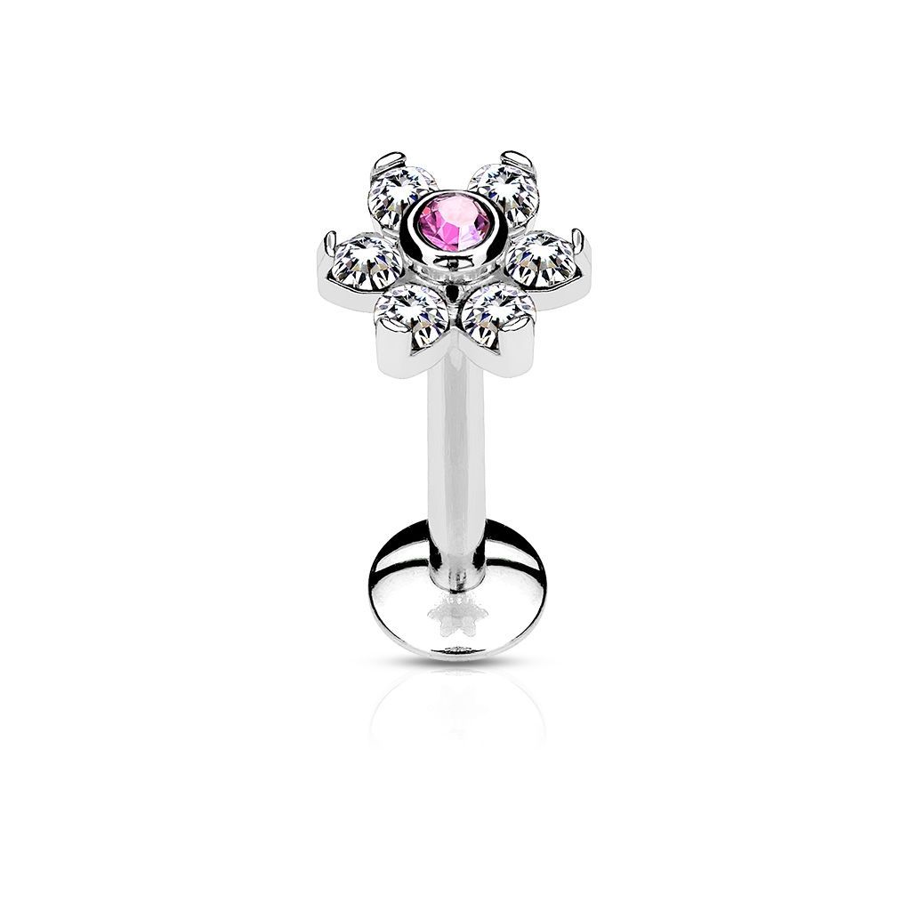 Piercing do brady - labreta kytička, růžový/čiré kamínky (1,2 x 6 mm)