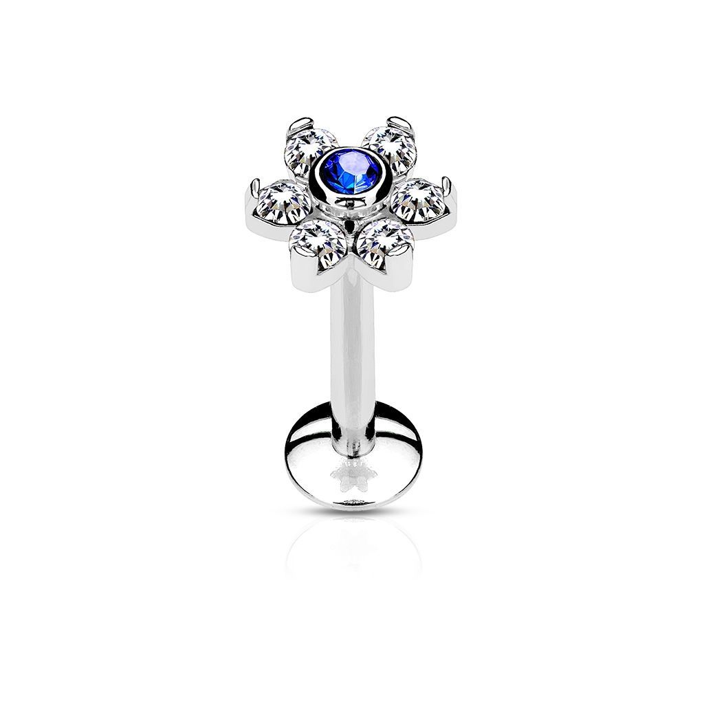 Piercing do brady - labreta kytička, modrý/čiré kamínky (1,2 x 8 mm)