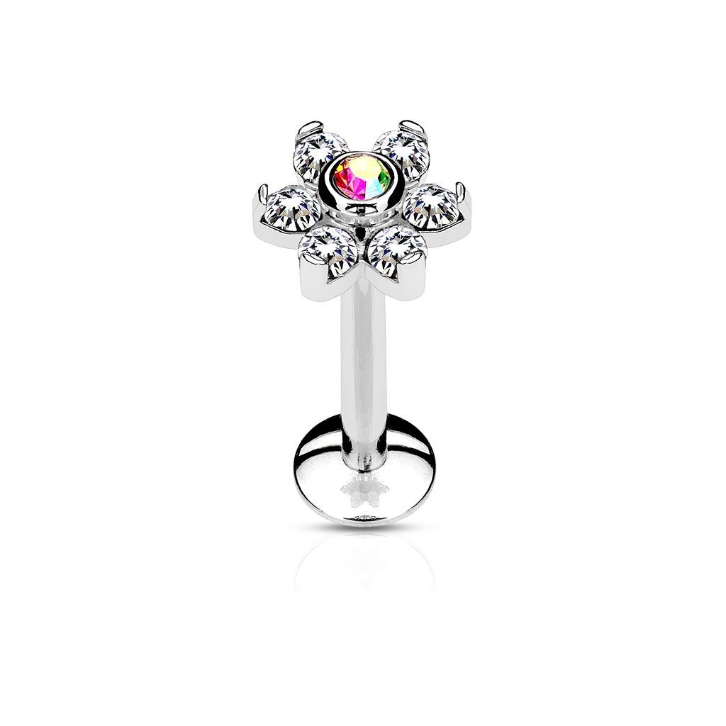 Piercing do brady - labreta kytička, duhový/čiré kamínky (1,2 x 8 mm)