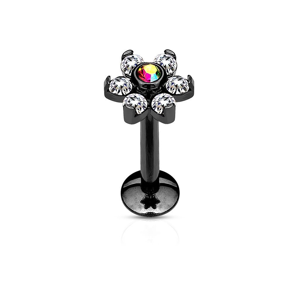 Levně S4U Černý piercing do brady - labreta kytička (1,2 x 8 mm) - LB1078-1208