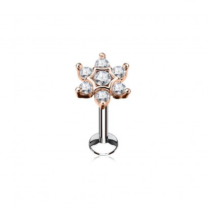 Zlacený piercing do brady - labreta kytička, čirý kamínky (1,2 x 6 mm)