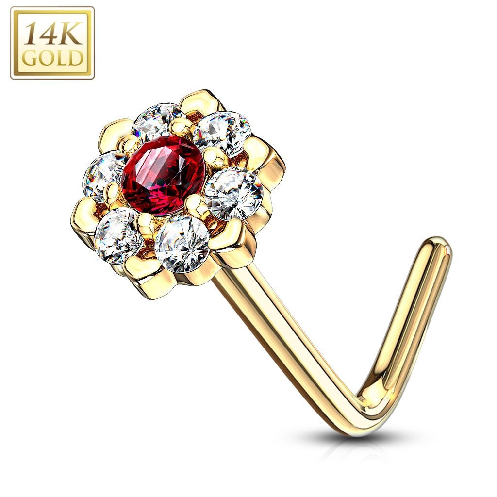 Zlatý piercing do nosu kytička, Au 585/1000 (čirá/červená, 0,20 g, 0,8 x 6 mm) - ZL01197R-YG