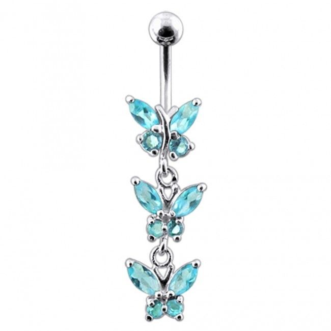 Levně S4U Stříbrný piercing do pupíku s motýlky (tyrkysová) - BP01122-Q