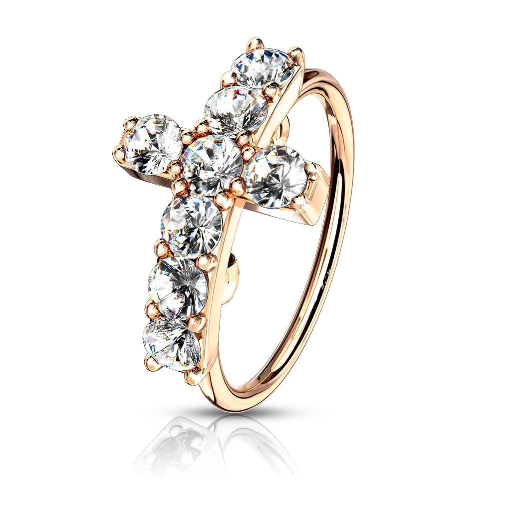 Levně Piercing do nosu kroužek s křížkem (růžové zlato) - N0120-RDC