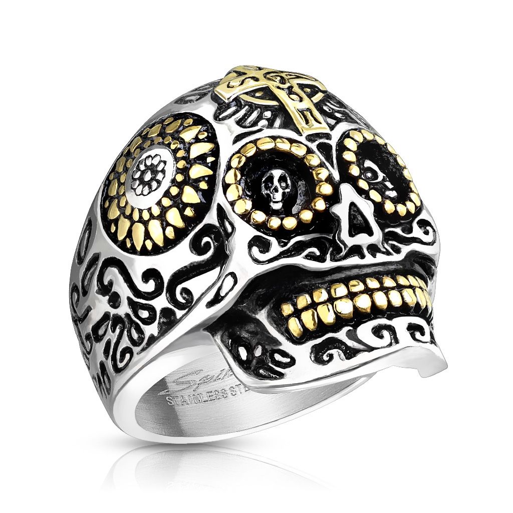 Levně S4U Ocelový prsten - lebka s ornamenty (60) - OPR0133-60