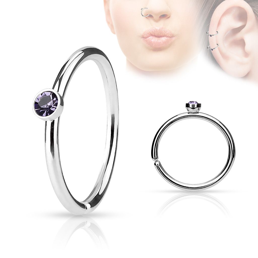Levně Piercing do nosu/ucha kruh s kamínkem (fialová) - N01161-TZ