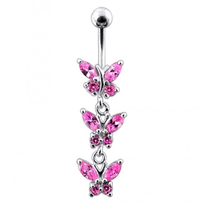 Levně S4U Stříbrný piercing do pupíku s motýlky (růžová) - BP01122-P