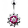 Stříbrný piercing do pupíku - kytička (čirá/tmavě růžová)