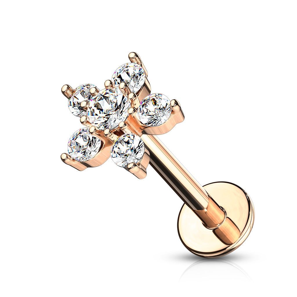 Levně Zlacená labreta / piercing do ucha - kytička, čiré zirkony (růžové zlato, 1,2 x 8 mm)