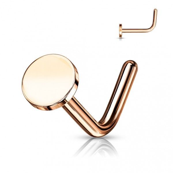 Zahnutý piercing do nosu placka (růžové zlato) - N0149-RD