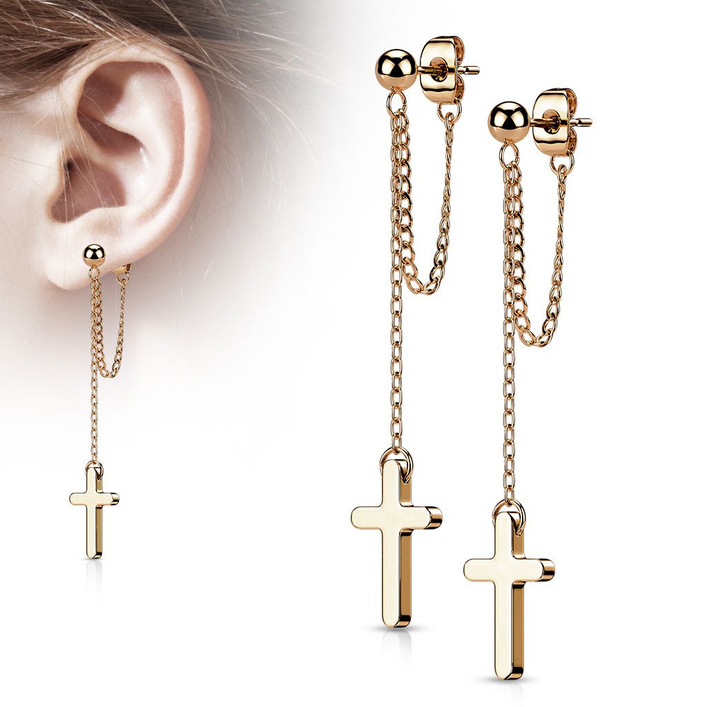 Zlacené visací ocelové náušnice s křížky - OPN1819-RD