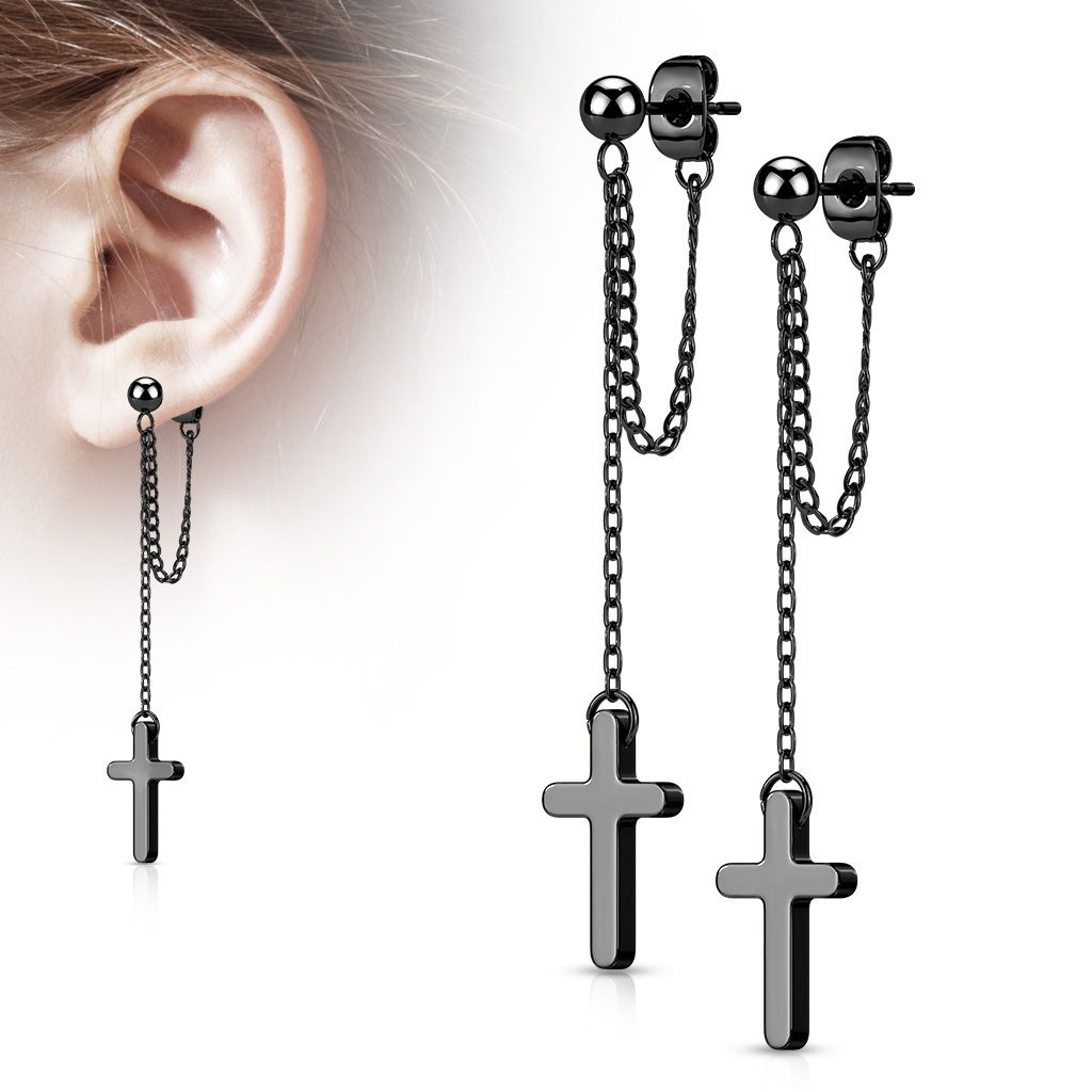 Černé visací ocelové náušnice s křížky - OPN1819-K
