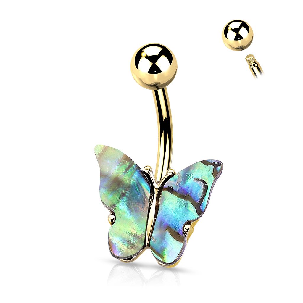 Levně Zlacený piercing do pupíku motýl s perletí - WP01145-01