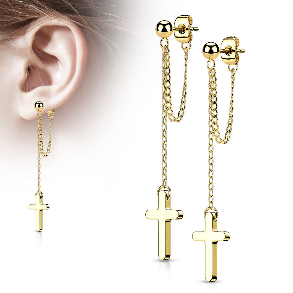 Zlacené visací ocelové náušnice s křížky - OPN1819-GD