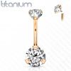 Zlacený piercing do pupíku vnitřní závit, zirkon - TITAN