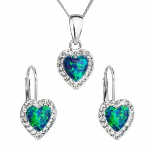 Sada šperků se syntetickým opálem a krystaly Preciosa náušnice a přívěšek zelené srdce 39161.1