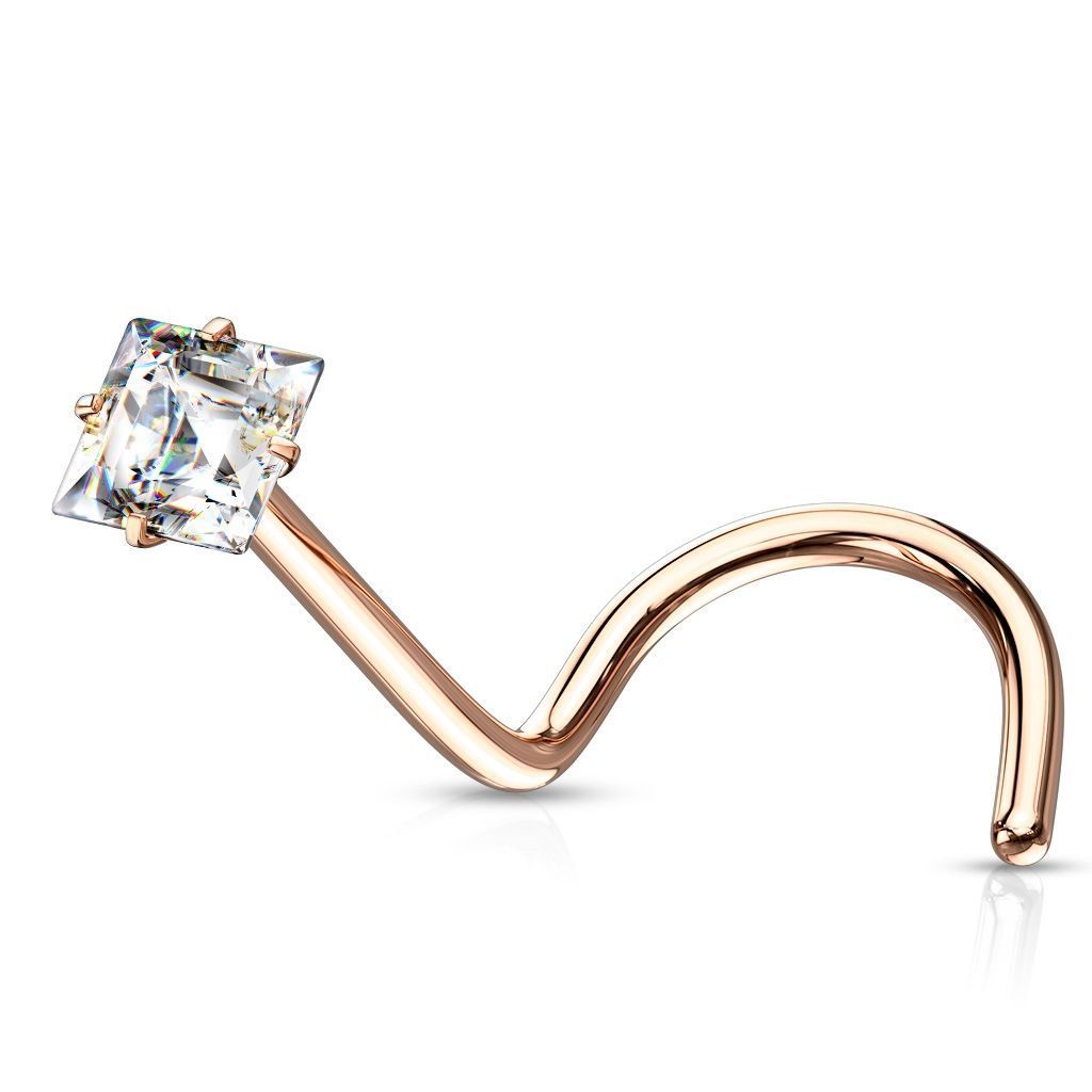Levně Zlacený zahnutý piercing do nosu čtvereček - čirý zirkon (růžové zlato) - N0137RDC