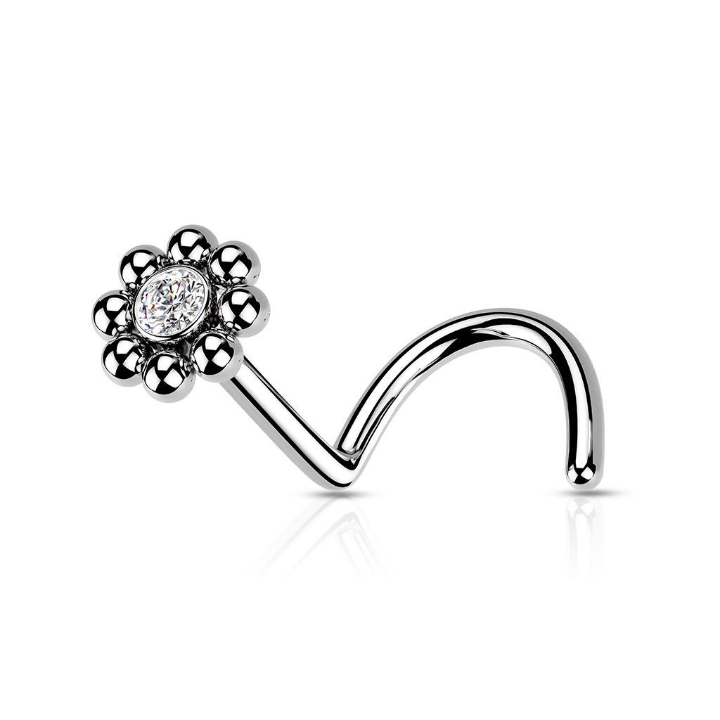 Levně Zahnutý piercing do nosu - kytička ocelová
