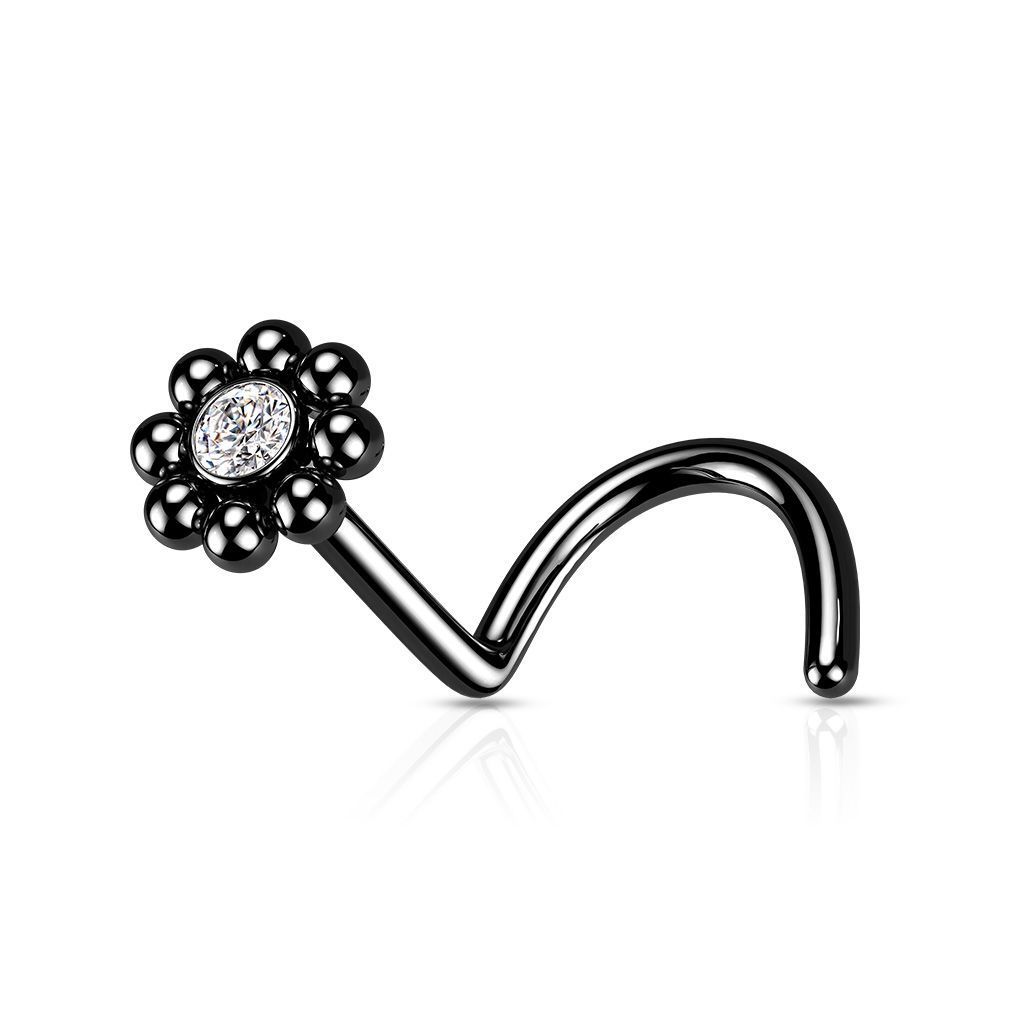 Levně Zahnutý piercing do nosu - kytička černá