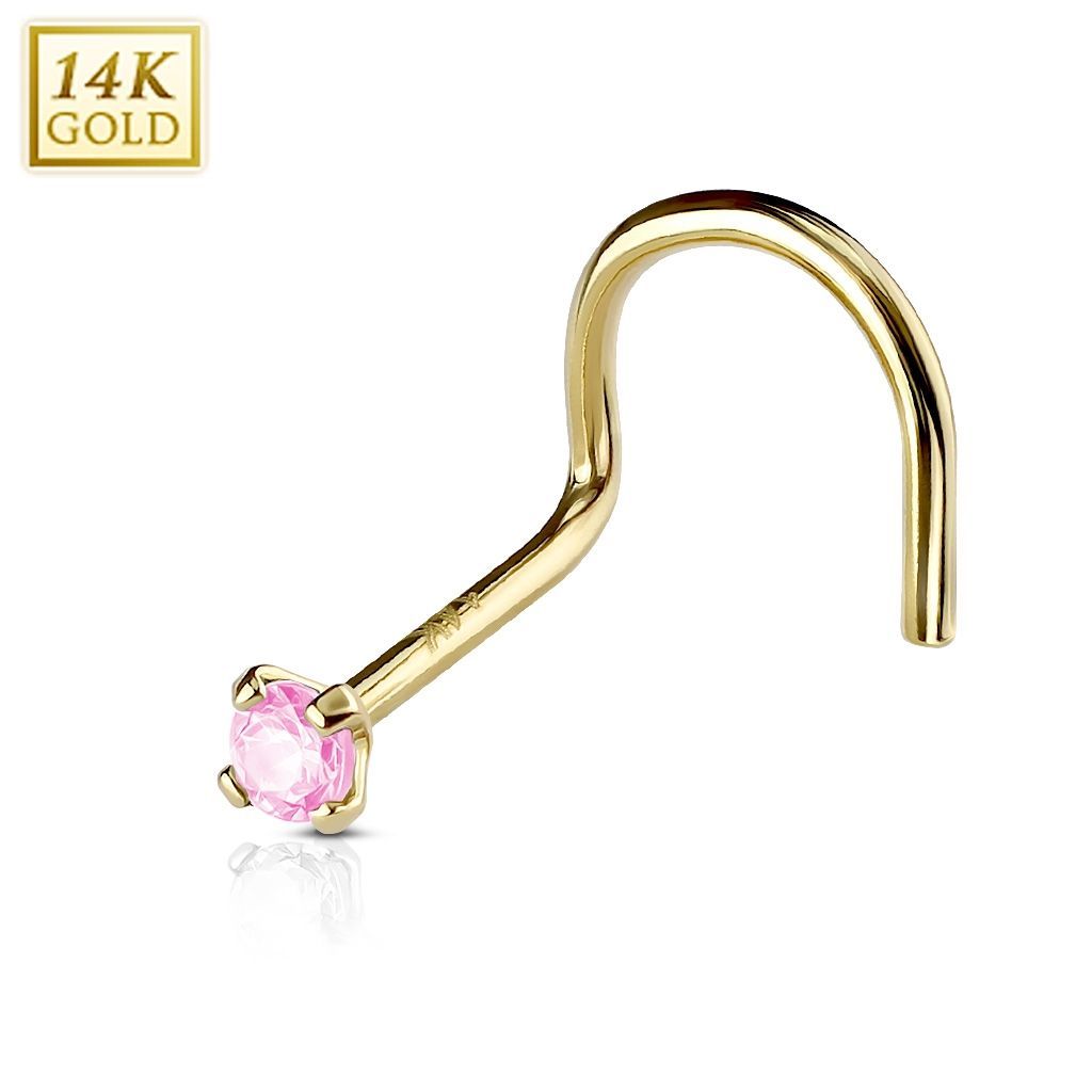 Levně Zlatý piercing do nosu, Au 585/1000 - kamínek 2 mm (růžová, 0,14 g) - ZL01127P-YG
