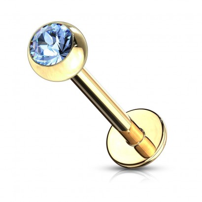 Pozlacený piercing do brady - labreta (světle modrá, 3 mm, 1,2 x 8 mm)