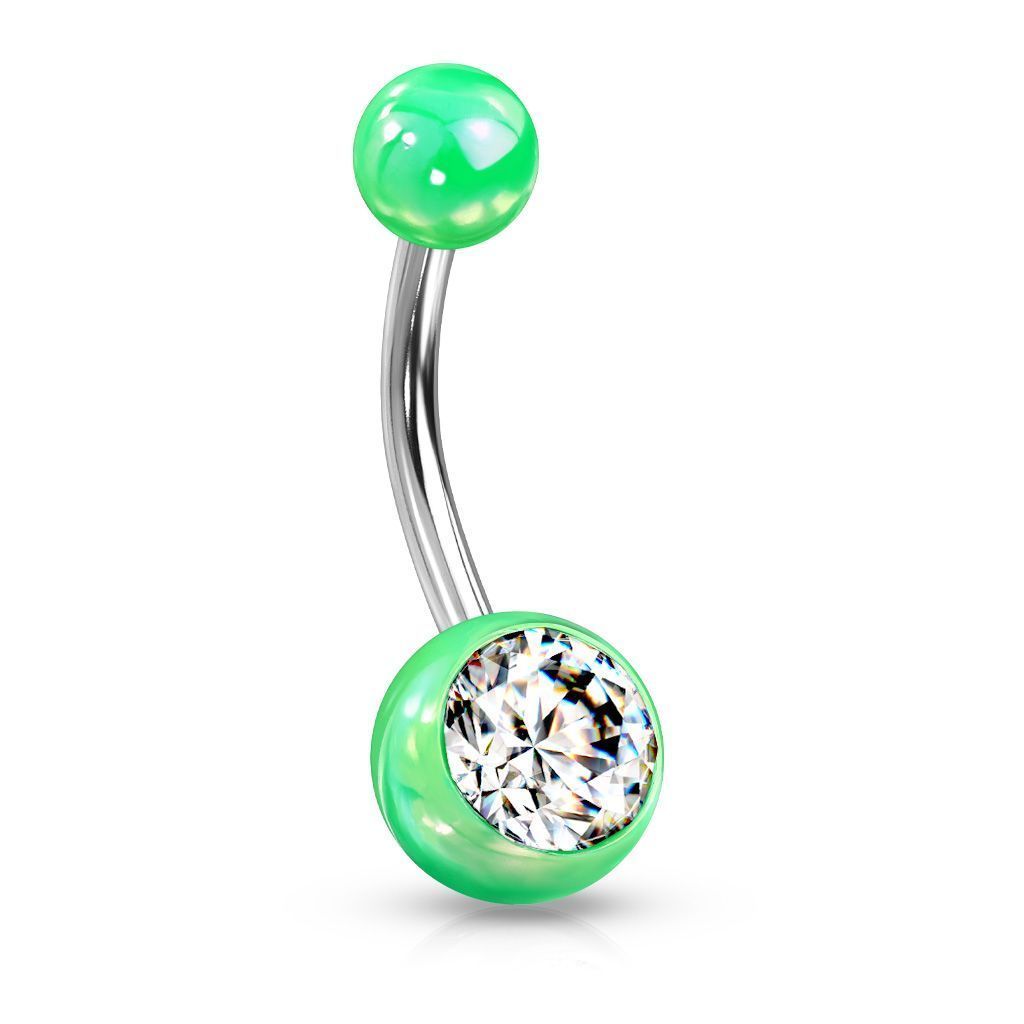 Piercing do pupíku - perleťový lesk a zirkon (zelený)