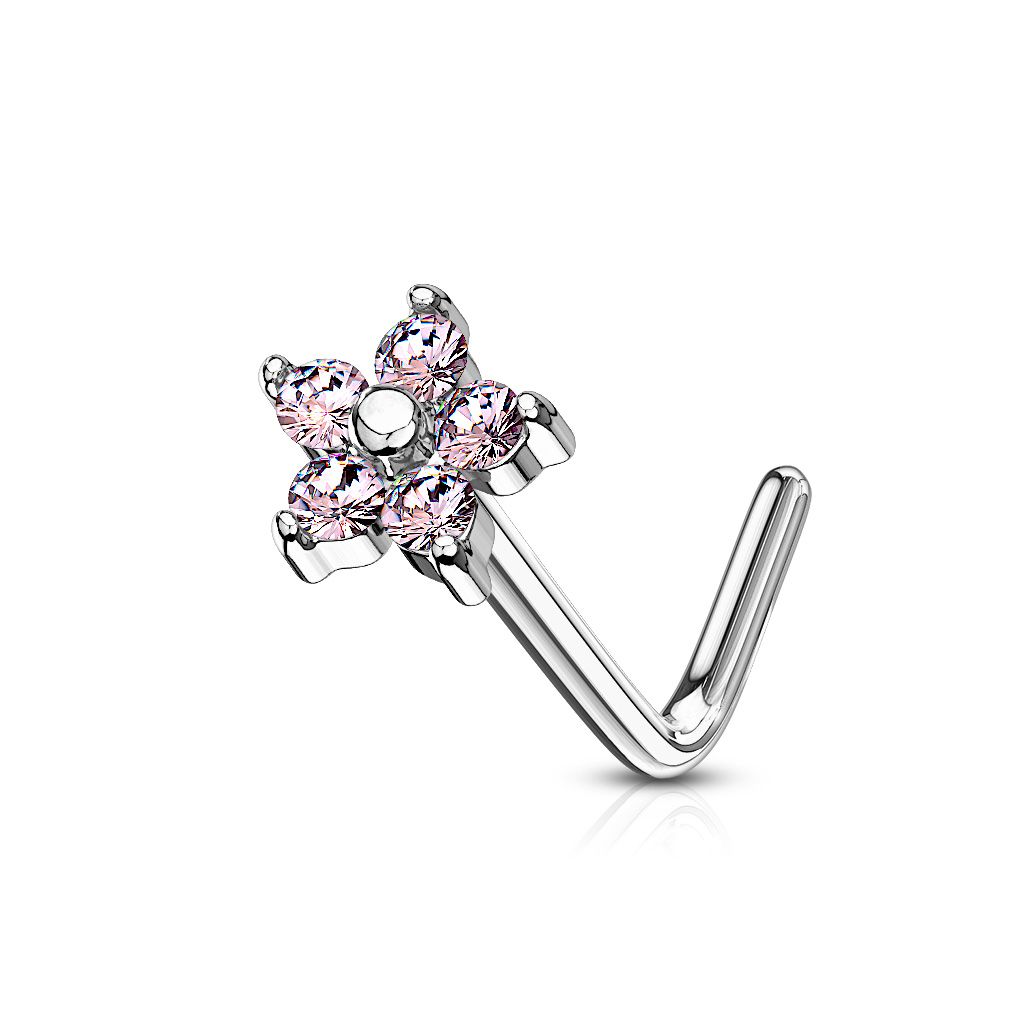 Levně Zahnutý piercing do nosu kytička, růžové kamínky