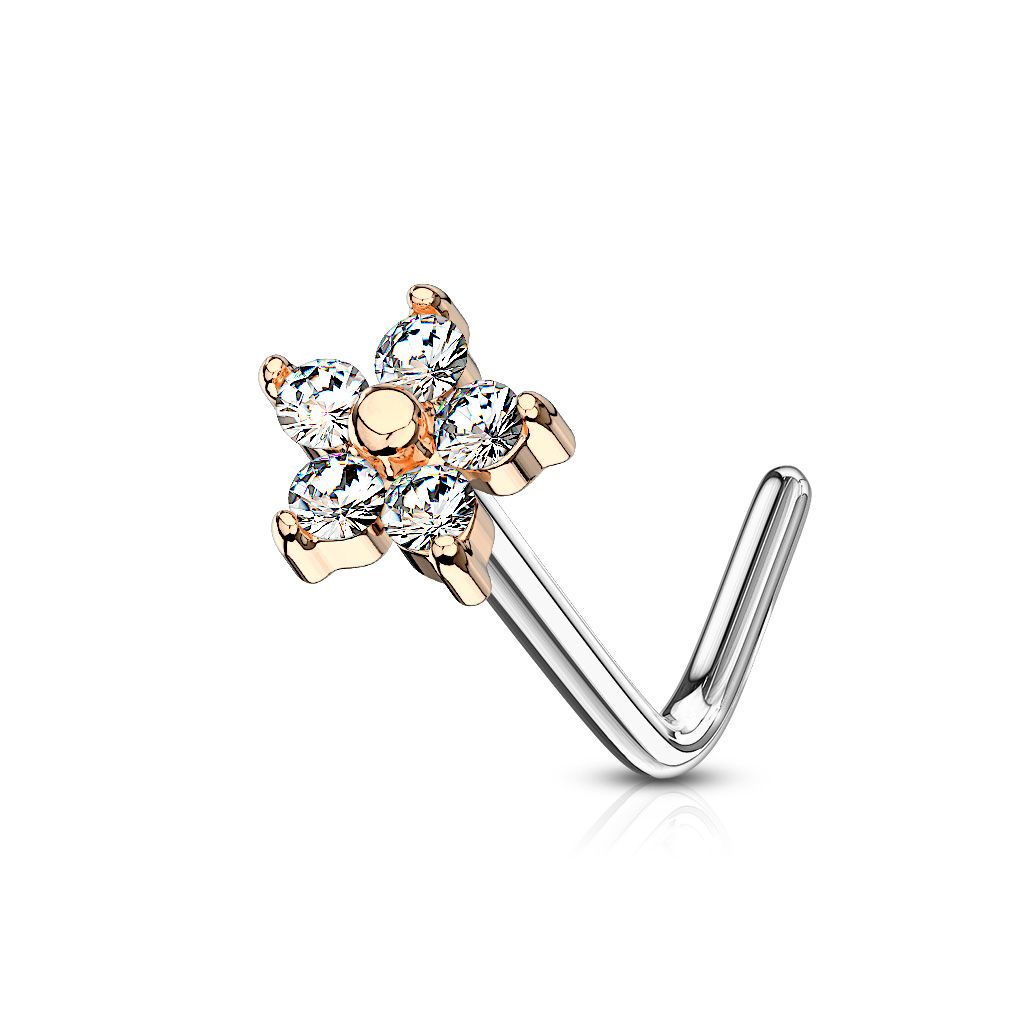 Levně Zlacený zahnutý piercing do nosu kytička, čiré kamínky - N0083-RDC