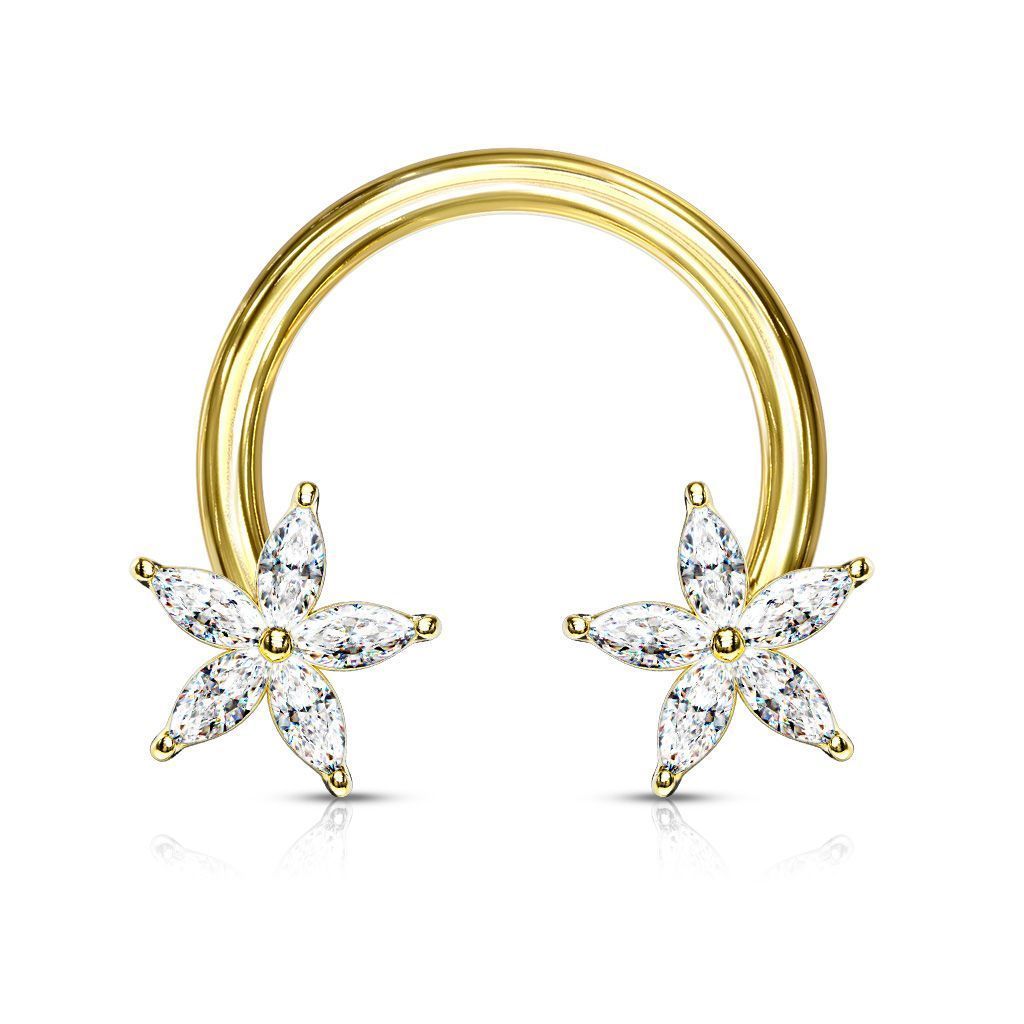 Levně Piercing - podkova s kytičkami, čiré kamínky (gold)