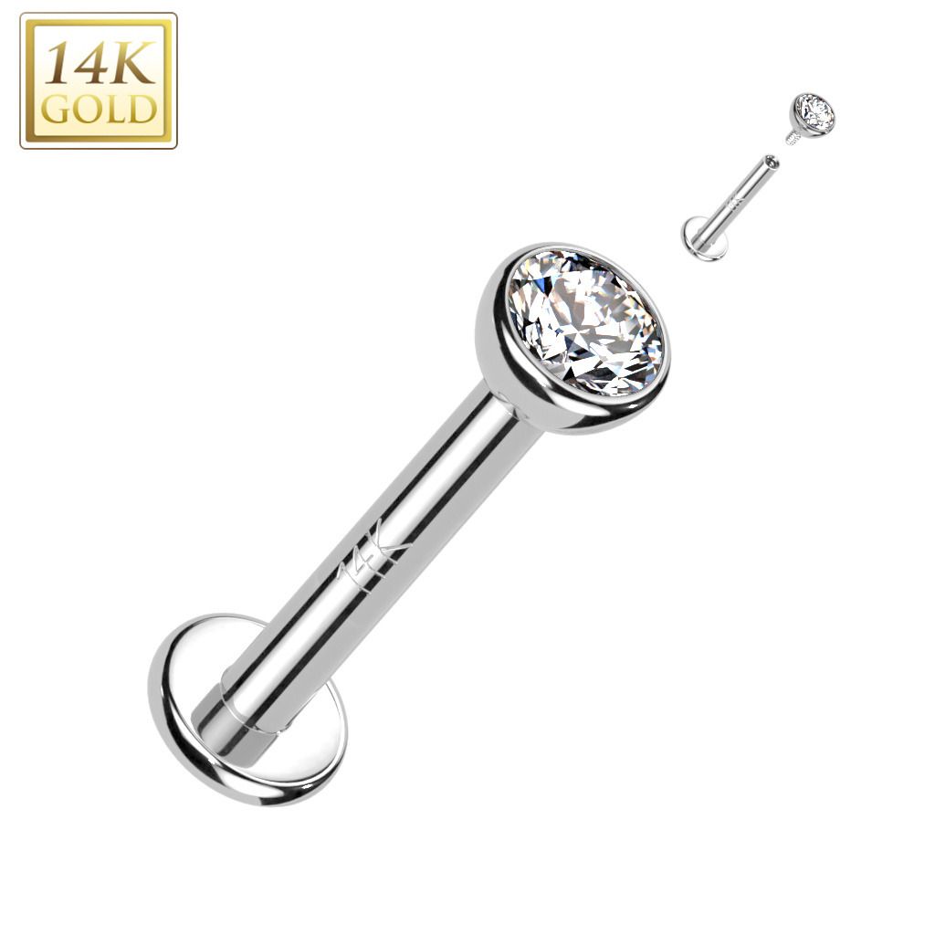 Zlatý piercing do brady - labreta zirkon, Au 585/1000 (1,2 x 8 mm) - ZL01244-1208-WG