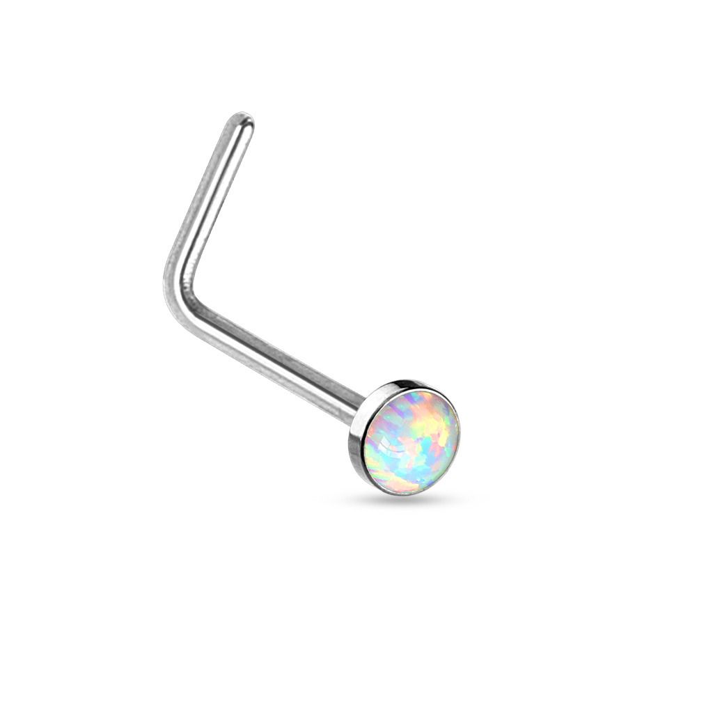 Levně Zahnutý piercing do nosu - bílý opál - N0016-OP17