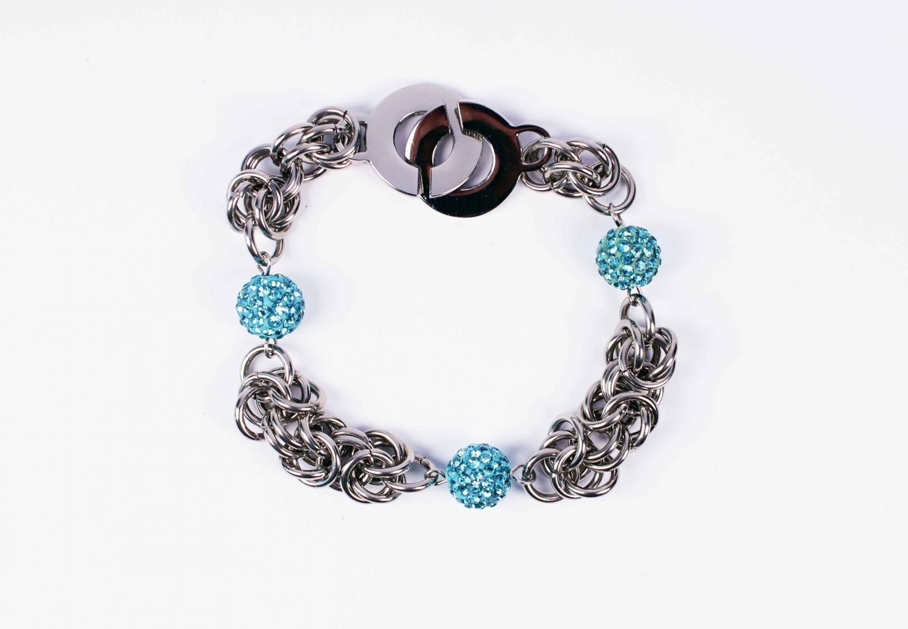 Náramek chirurgická ocel krystalkové kuličky modré