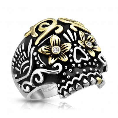 Ocelový prsten - lebka s ornamenty (70)